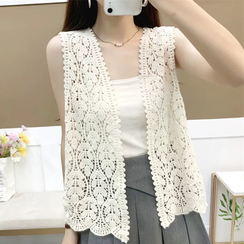 Korean Style Open-Front Crochet Lace Vest Women Summer Sleeveless Jacket Beige White Knit Cardigan Top