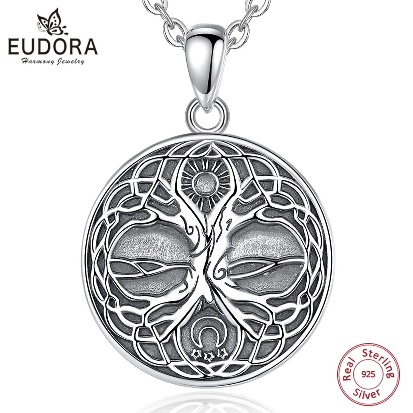 Eudora 925 Sterling Silver Viking Yggdrasil Tree of Life Necklace for Man Women Vintage Sun Moon Amulet pendant Personality Gift