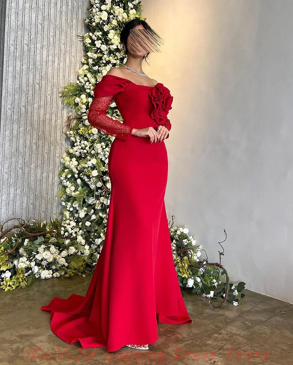 Meiyijia Off-the-shoulder Ruffles Flowers Long-Sleeves Floor-Length robes de soirée فساتين سه Arabia 2024 Sexy Evening Dresses