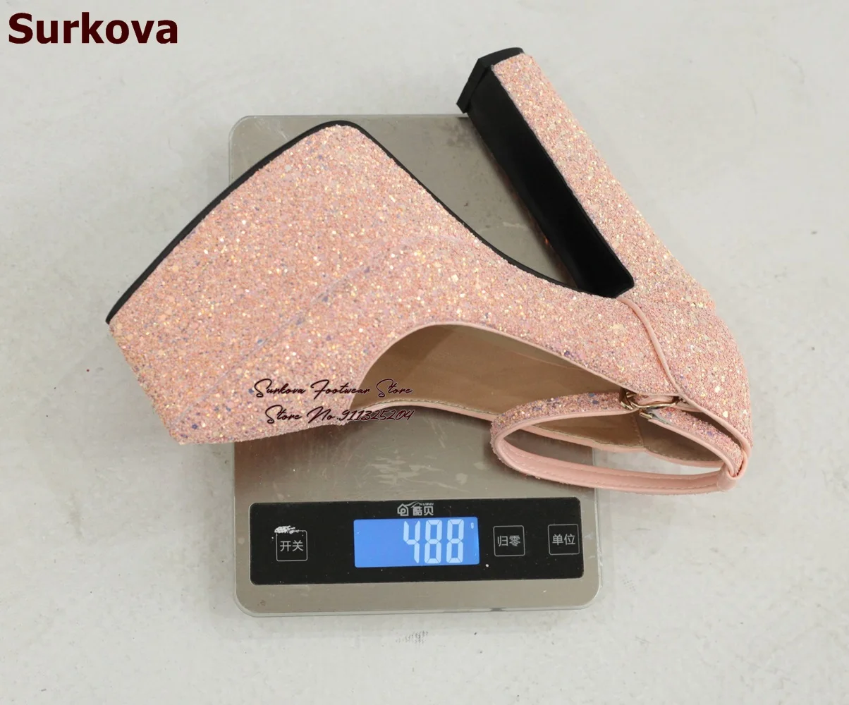 Surkova Bling Bling paillettes talon épais chaussures de mariage haute plate-forme bout pointu robe pompes cheville boucle sangle paillettes chaussures