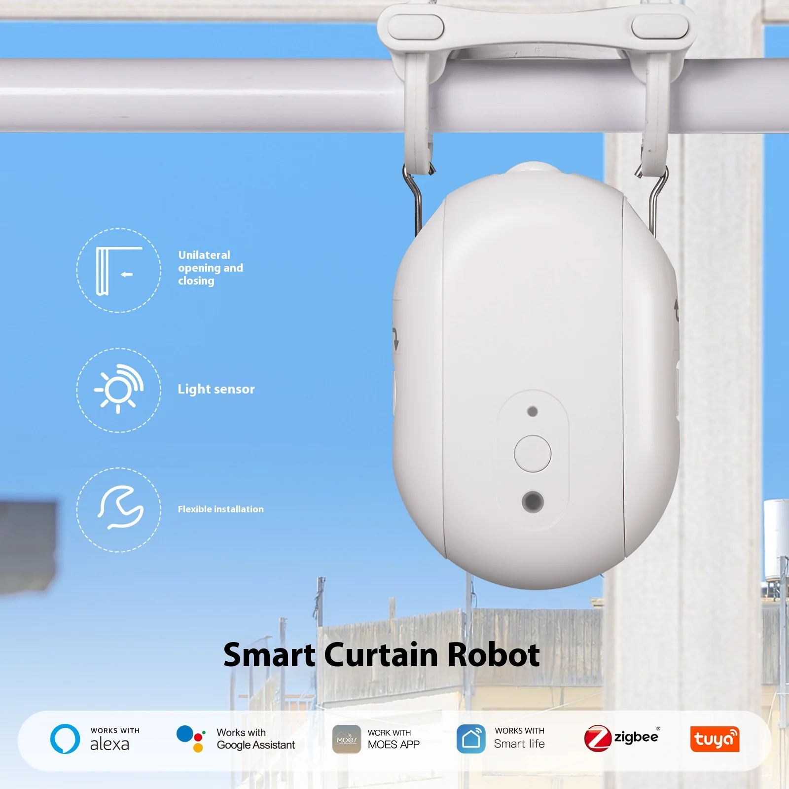 

Tuya Smart Home Plastic Battery-Powered Curtain Robot With Zigbee/WiFi App Remote Control For Roman Rod Curtains
