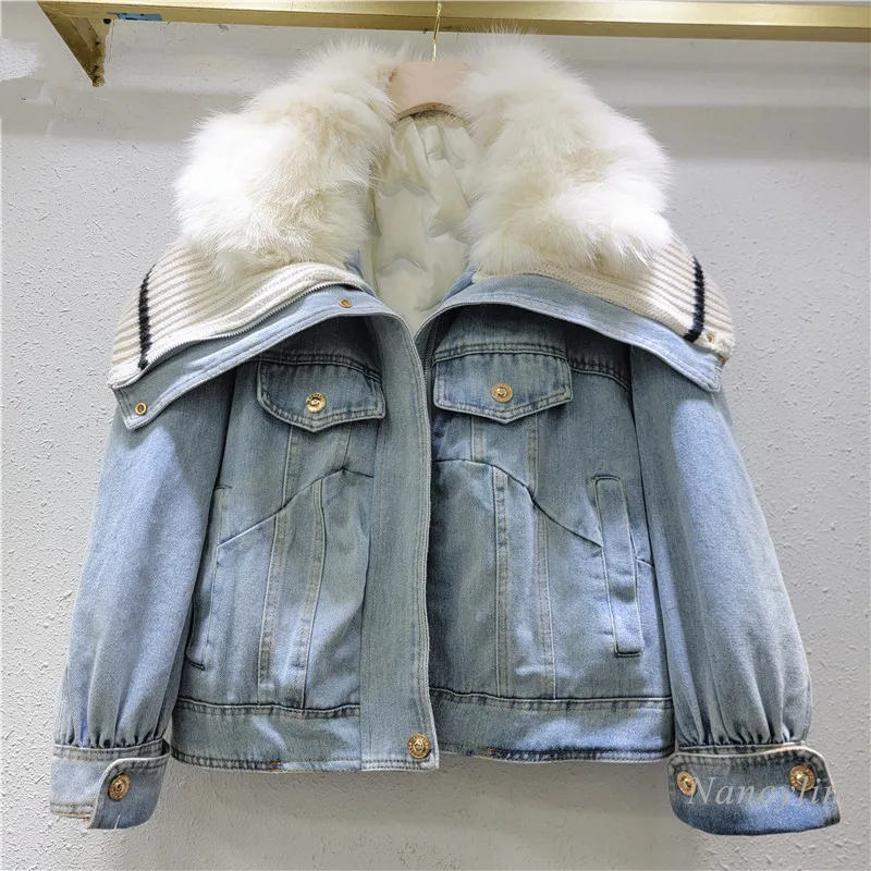 2024 Winter Coats Woman New Fox Fur Collar Stitching Knitted Lapel White Duck Down Liner Warm Denim Jacket Street Overcoats