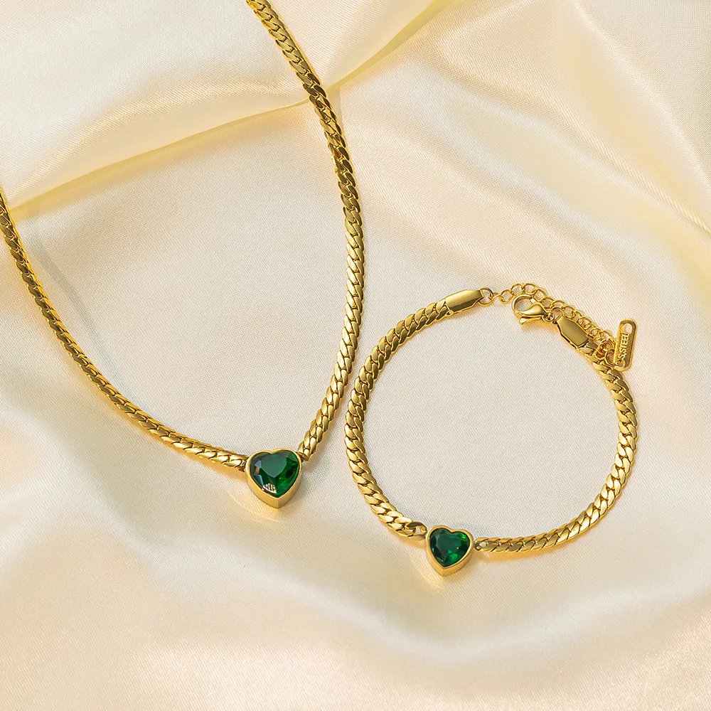 Stainless Steel Heart-Shaped Green White Crystal Pendant Necklace Bracelet For Women Fashion Jewelry Set Party Gift