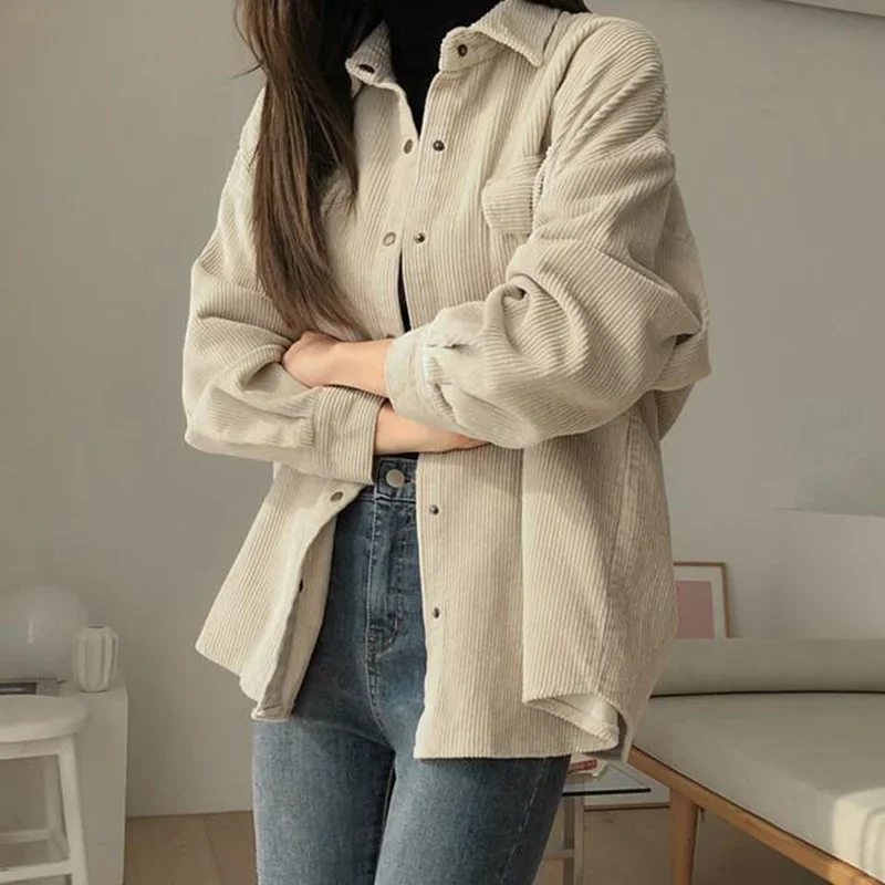 Autumn Corduroy Shirt Coat for Women Casual Solid Loose Women\'s Jackets Single Breasted Double Pocket Coats Female