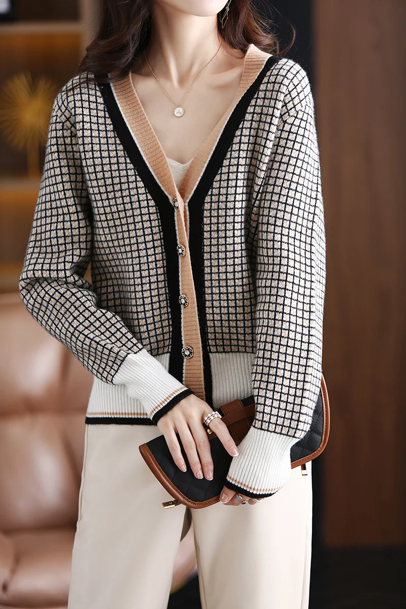 

Autumn Winter Fashion 100% Merino Wool Women Color-Blockin Button Cardigan Cashmere Long Sleeve Soft Fashion Clothing Tops
