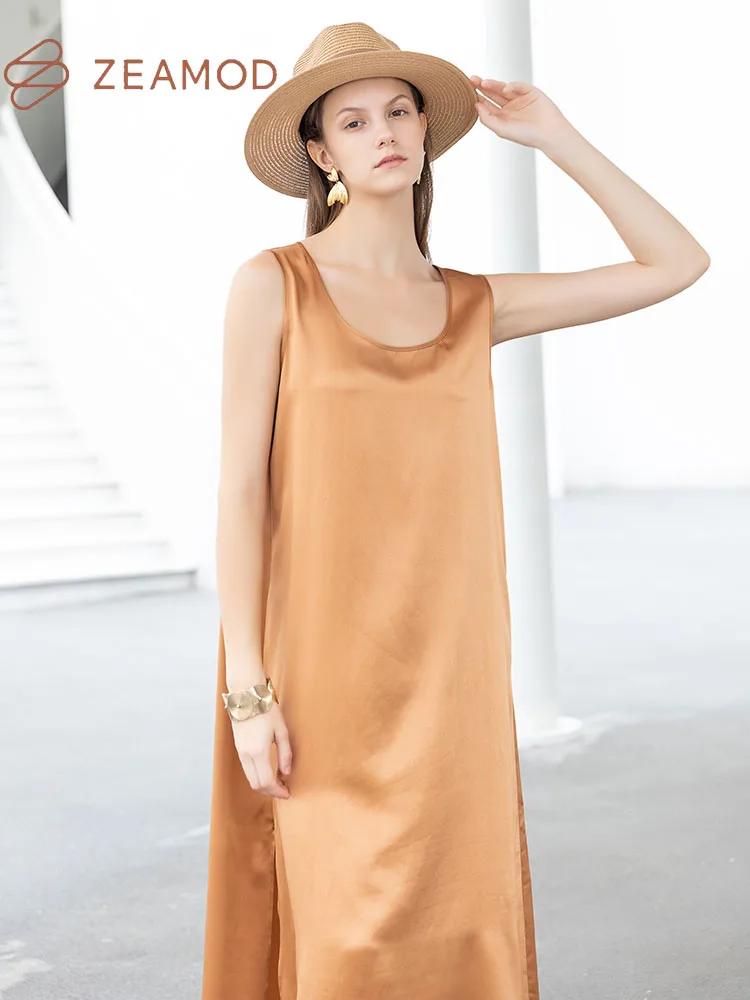 ZEAMOD 2024 Fashion women 22MM plain crepe segment crew neck solid color sexy women dress