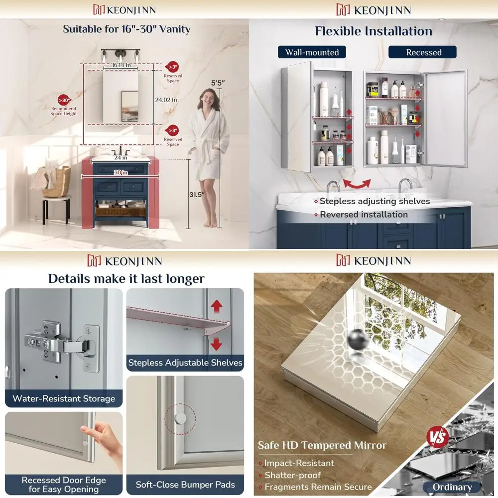 

24. Настенный аптечка с зеркалом, закаленным стеклом, регулируемыми полками, алюминиевым каркасом.