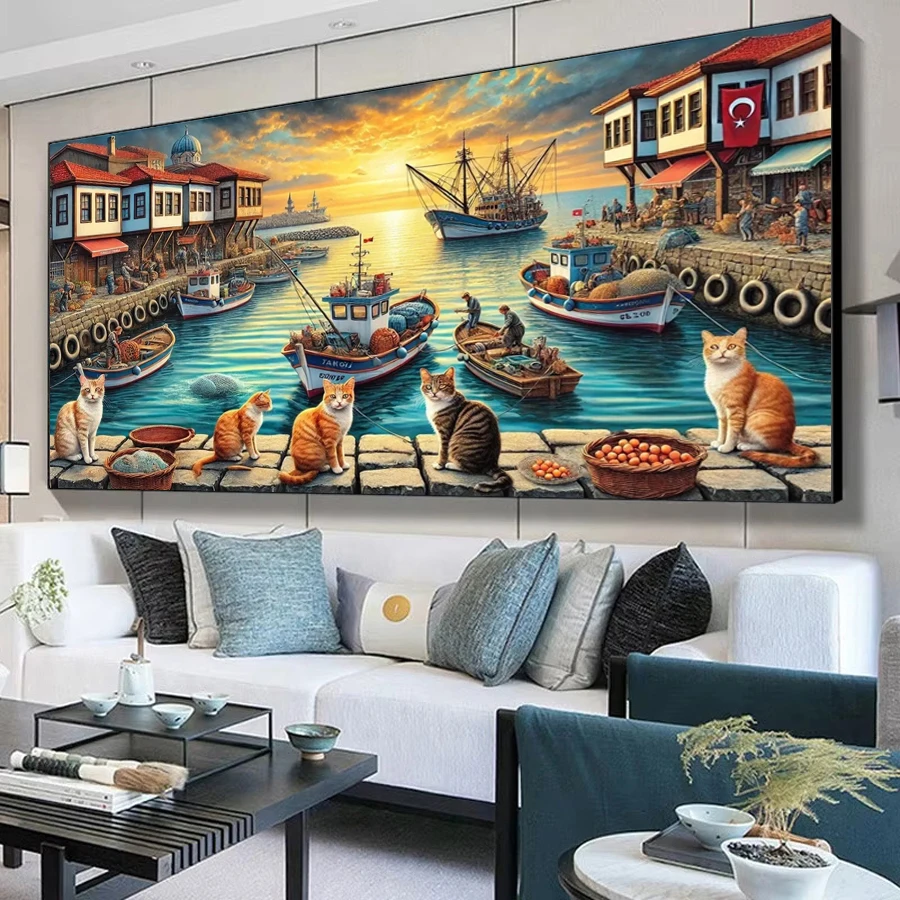 

Наборы для алмазной вышивки DIY: Картина «Рыбающие лодки и кошки» (большой размер), с полной выкладкой (квадратные и круглые стразы), мозаика, вышивка, изображение животных