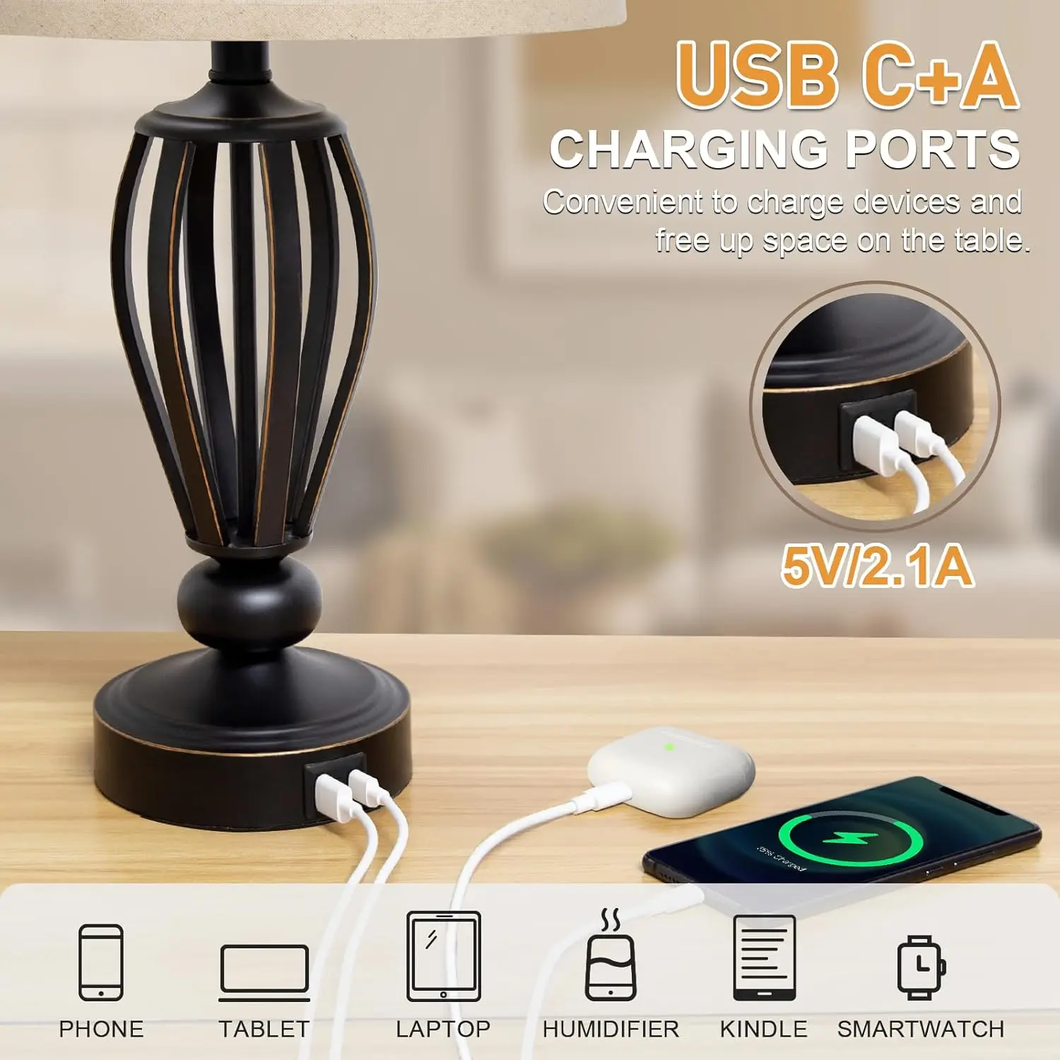 Lámpara de noche USB, lámpara de mesa táctil regulable de 3 vías con puertos USB C+A, lámpara de lectura LED con base de metal negro para dormitorio, sala de estar