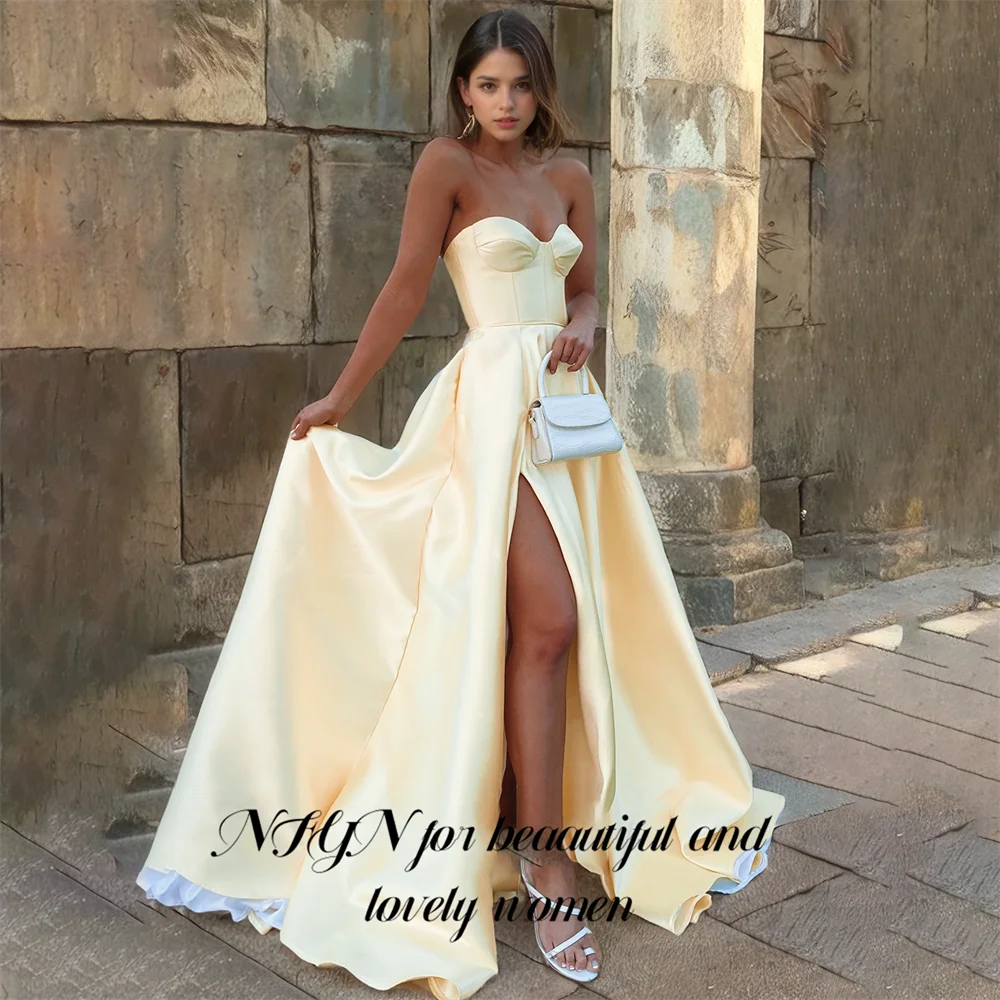 

NFYN White Long Stain Sweetheart Formal Prom Dresses A-Line Woman Party Dresses Pleat Evening Gown with High Split Customized