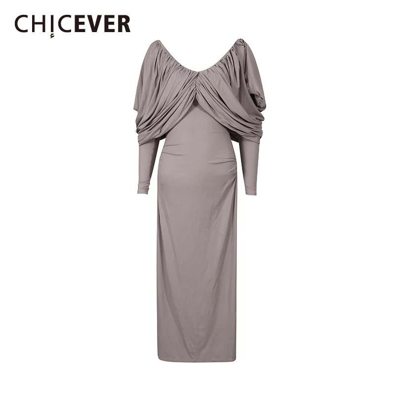 

CHICEVER однотонное французское платье со складками, женское элегантное утягивающее винтажное платье с v-образным вырезом и длинными рукавами, осенняя мода, новинка