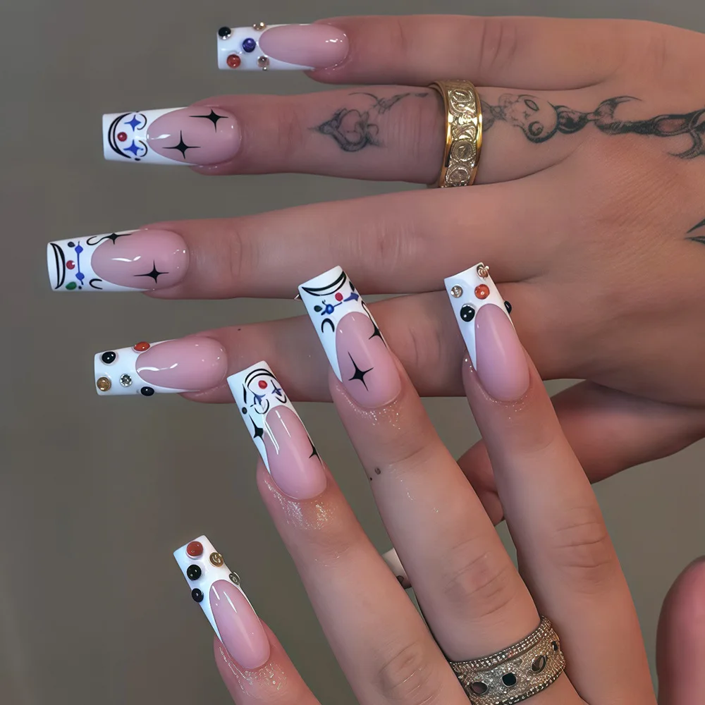 

24Pcs white French color polka dot clown pattern color rhinestones European and American style detachable wearable nail piece