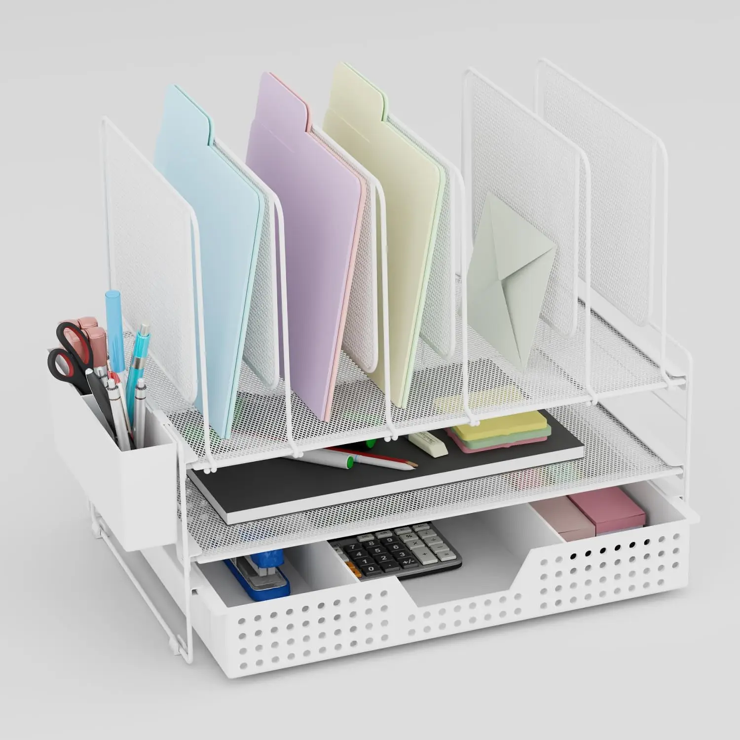 

Белый настольный органайзер с вертикальным держателем для файлов, ящиком и подставкой для ручек для организации домашнего офиса