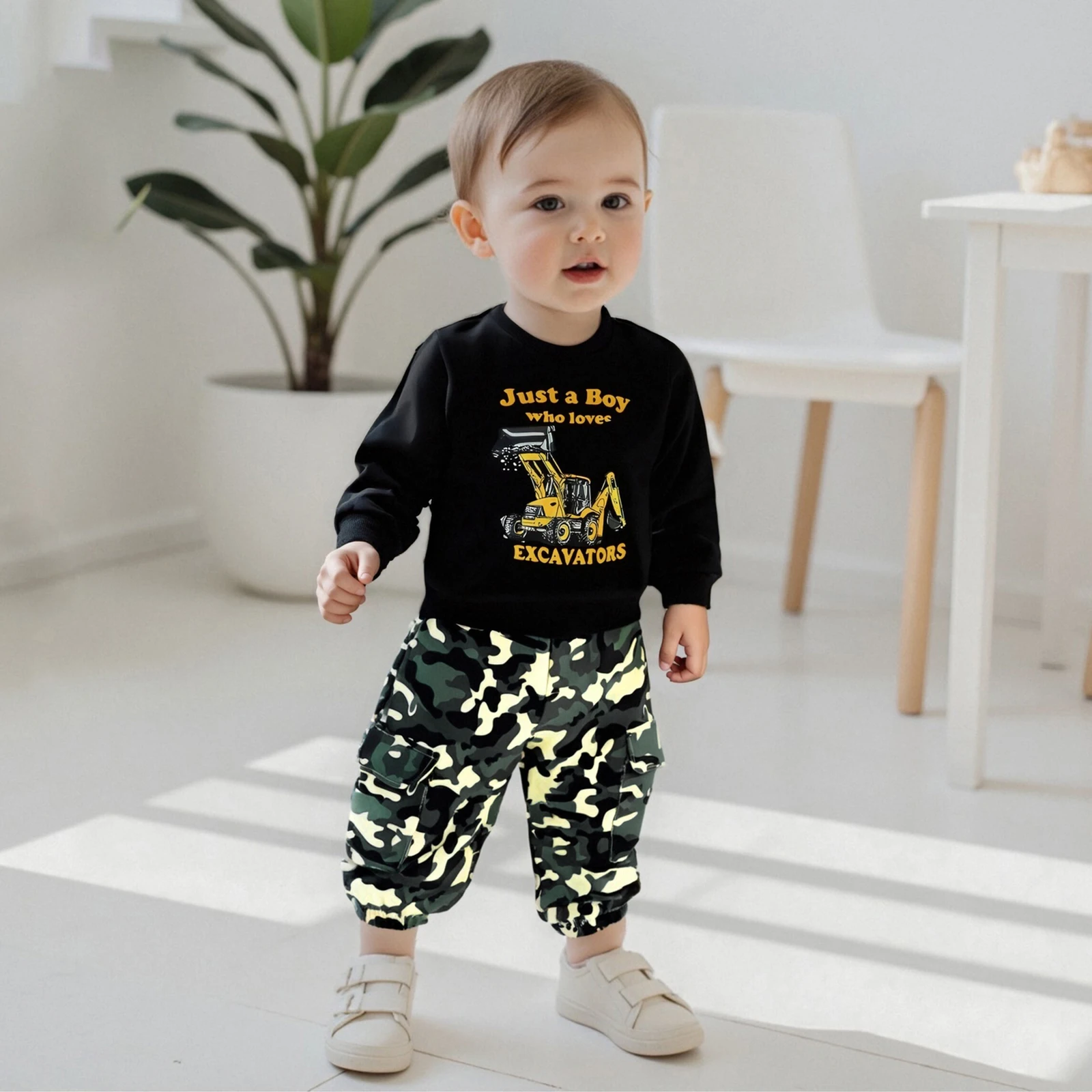 Boys Autumn 2Pcs Pants Sets Long Sleeve O Neck Excavator Print Tops Camouflage Pants Sets 12M-6T