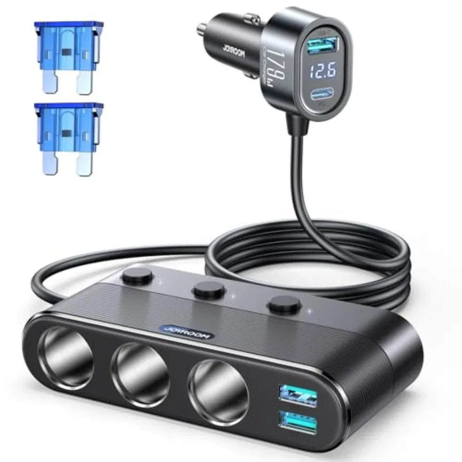 

[2026 Upgraded] 7 in 1 Cigarette Lighter Adapter, 179W Car Charger Adapter with PD30W Charge 3.3FT Cable , 24V/ 12V Cigarette L