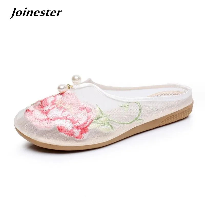 Women Summer Air Mesh Embroidered Slippers Flat Heeled Round Toe Ethnic Mules Ladies Vintage Skirt Slides with Pearls