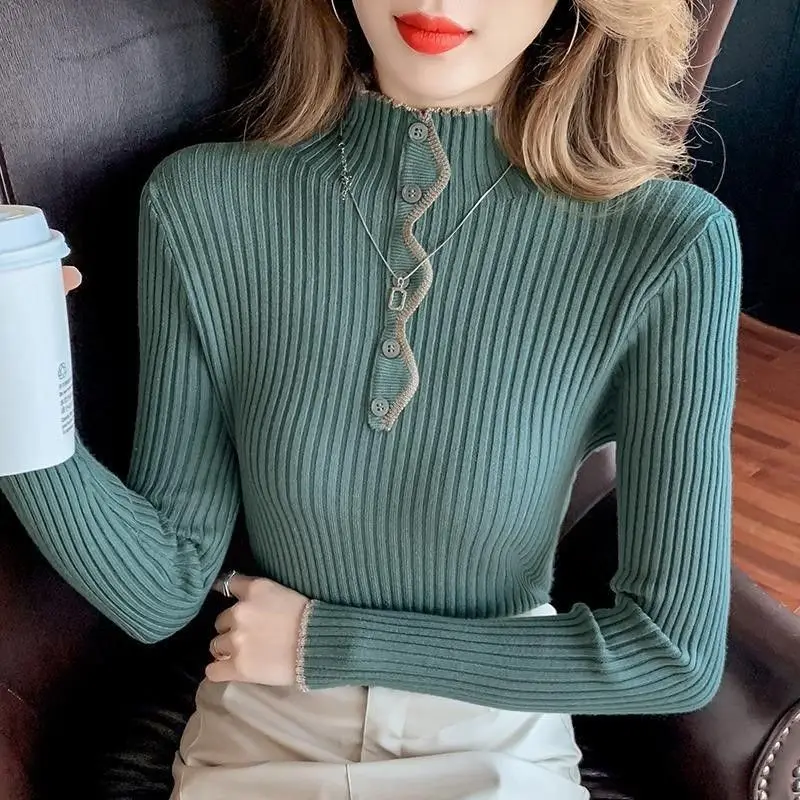 Office Lady Half High Collar Solid Color Pullover Button Sweater Knitted Long Sleeve Women's Clothing Autumn Winter Korean Tops