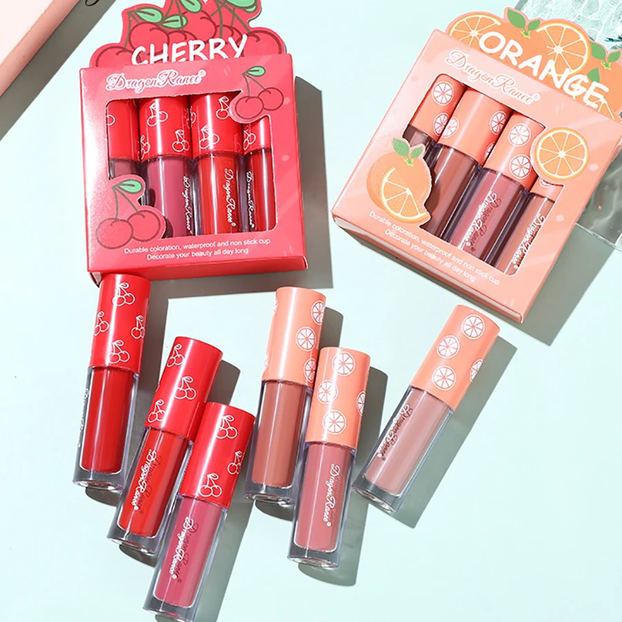 Velvet Matte Lip Glaze Set Non-Fade Non-Sticky Cup Fruit Makeup Lip Gloss Four Mini Sets
