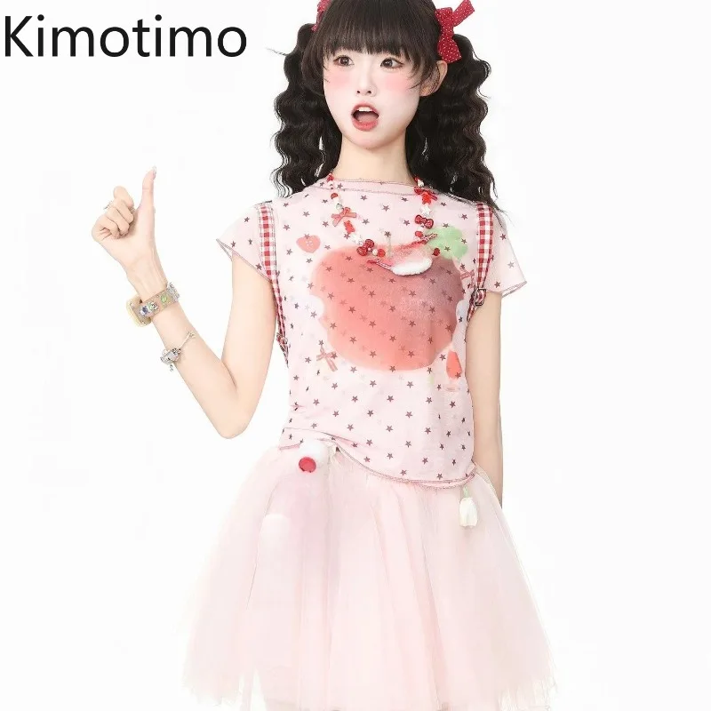 Kimotimo Cute Star Apple Printed Fungus Mesh Crop Top Women Summer Sheer Slim Fit Chic T-shirt Sweet Y2k Aesthetic Harajuku Tees