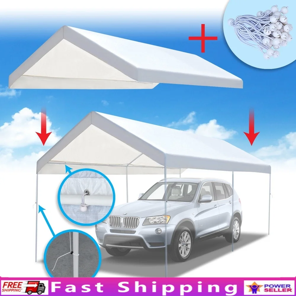 

20x10 Carport Replacement Canopy Tent Top Waterproof Garage Shelter Cover with Ball Bungees Outdoor Events
