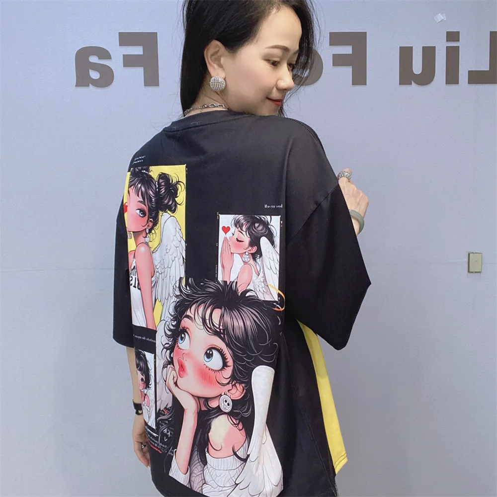 Camisetas holgadas de manga corta con cuello redondo para mujer, camisetas informales con estampado de dibujos animados y cuentas de diamantes para mujer, ropa Kawaii