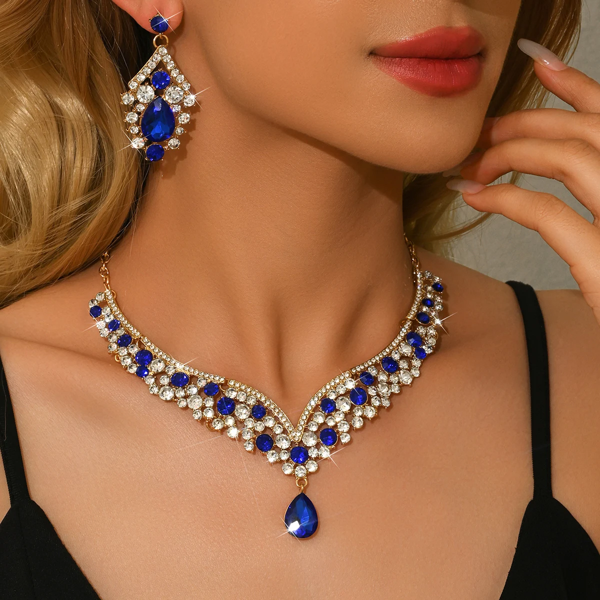 Luxury Purple Crystal Jewelry Set Women Necklace Earrings Shiny Silver Tone V-Neck Party Wedding Accessories
