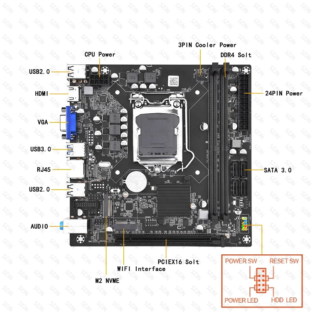 H310 ITX Motherboartd Set LGA1151 Processor DDR4 Dual Channel with CPU Cooler Support M2 NVME 4*SATA3.0 M2-WIFI Gaming Kit