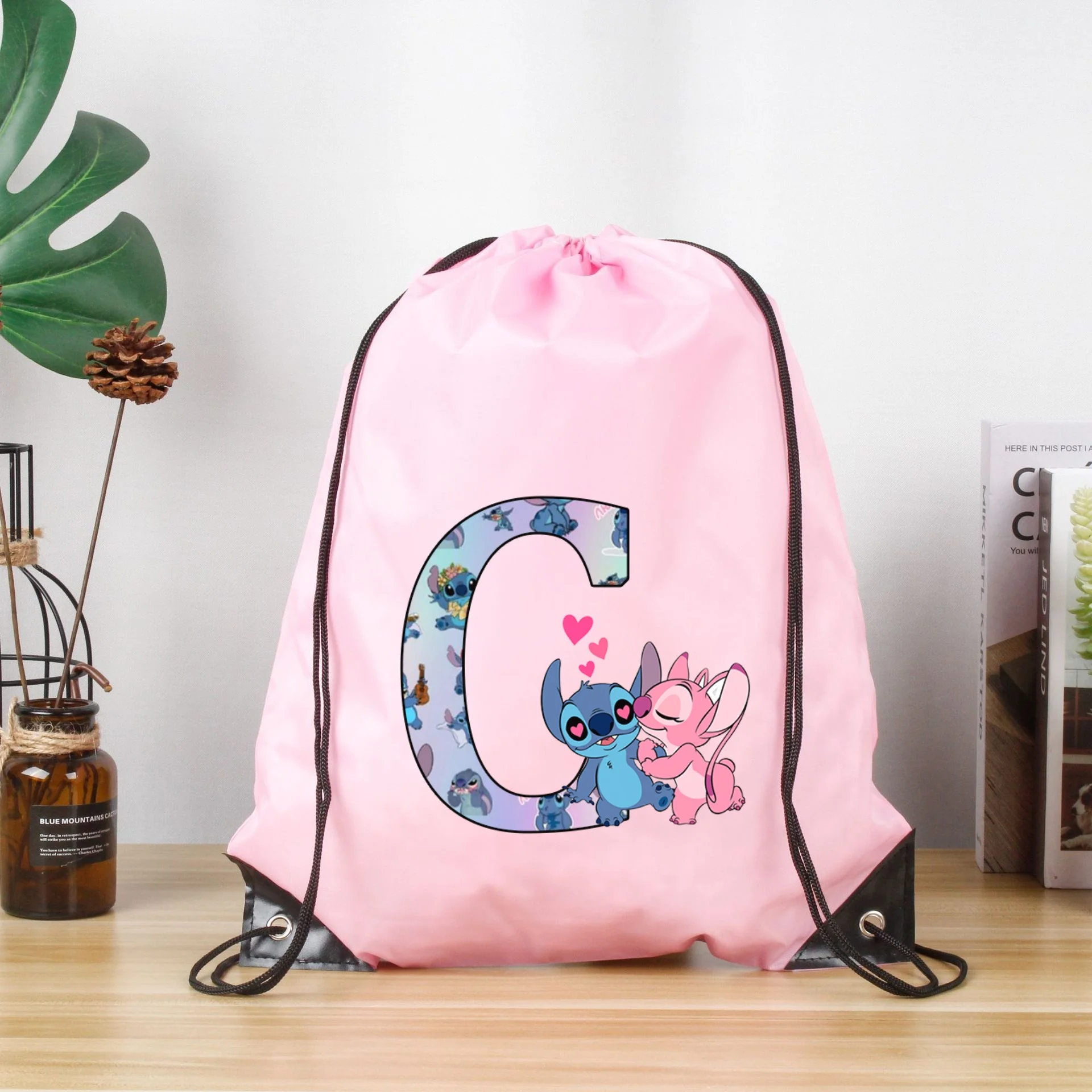 Disney Stitch Alphabet A-Z Drawstring Bag Sports Waterproof Backpack Gym Mochila Portable Polyester Organizer Birthday Gift