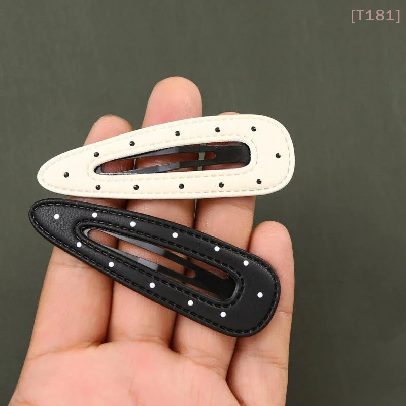 [E] 5pcs Black White Polka Dot Leather Hair Clips Women's Bangs BB Clips Cool Sweet Girls Hair Accories Simple Clips