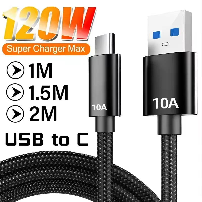 Cabo USB A para Tipo C de 120W 10A, cabo de dados com carregamento super rápido, cabo trançado para Xiaomi POCO, Samsung, iPhone, cabo de carregamento rápido.