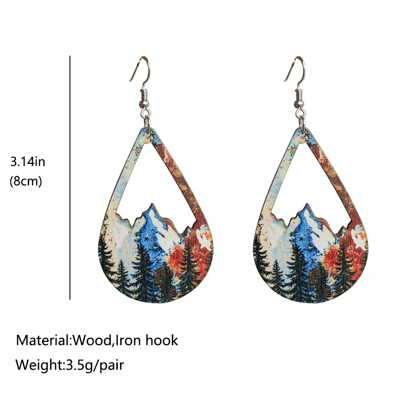 Vintage Art Painting Forest Earrings Color Hollow Bohemian Snow Mountains Landscape Painting Wood Impression Earrings Wholesale