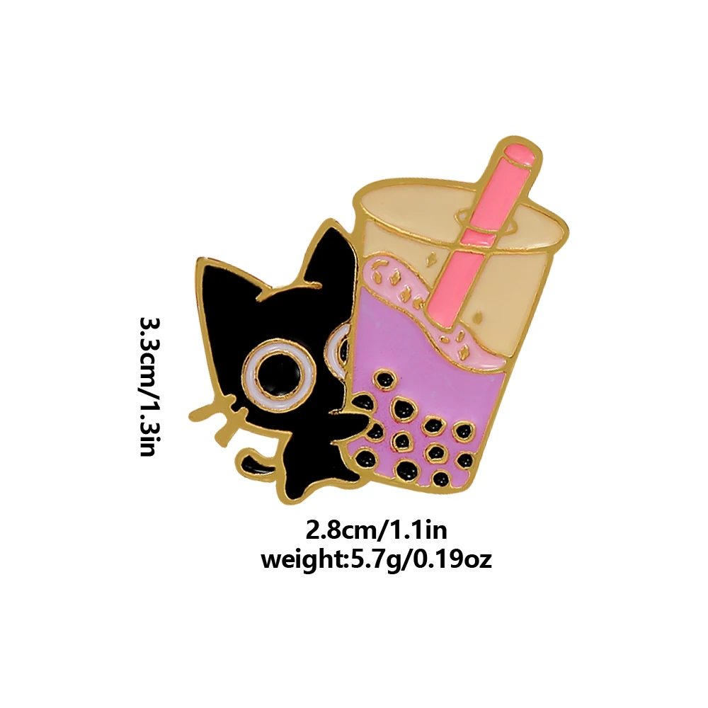 Lindos alfileres esmaltados de gato de té de burbujas, insignia dorada, broches de gatito de té de la leche con perlas negras
