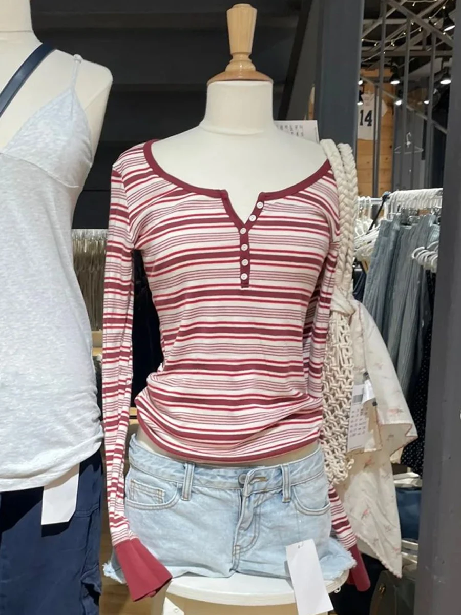 Red Striped Six Buttons Long Sleeve T-shirts Women Spring O-neck Cotton Slim Tee Shirt New Preppy Sytle Sweet Tshirt Y2k Tops