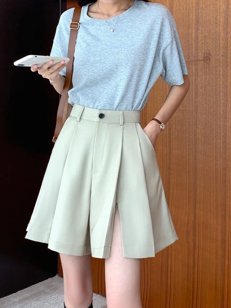 

Женские летние модные шорты с высокой талией и разрезом, в стиле Ins, с оригинальным дизайном, для дерзких девушек, повседневные, асимметричные, на молнии, с широкими штанинами, длиной до колена