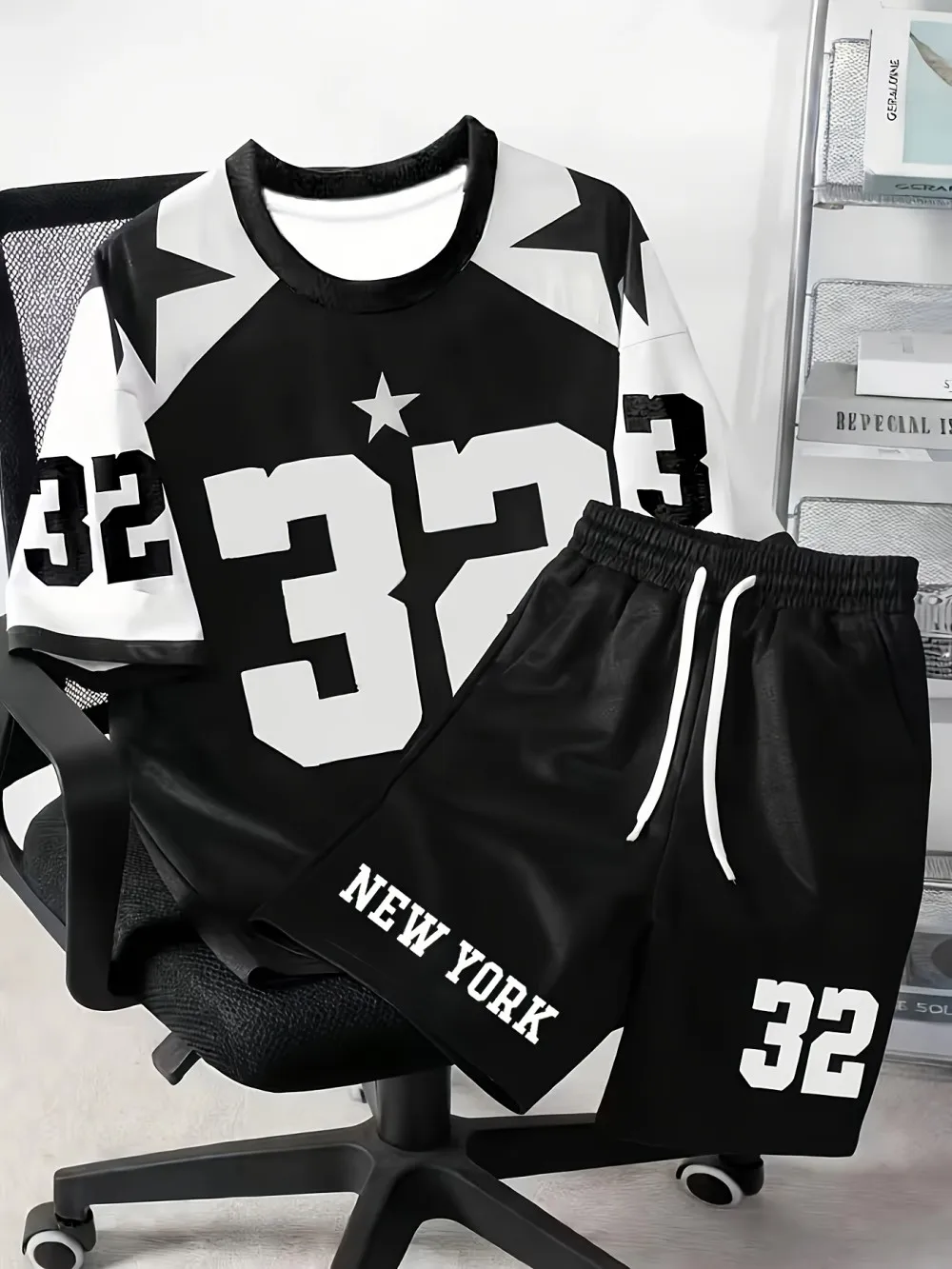 

New men's summer training letter print comfortable and breathable round neck T-shirt drawstring shorts set outdoor sportswear