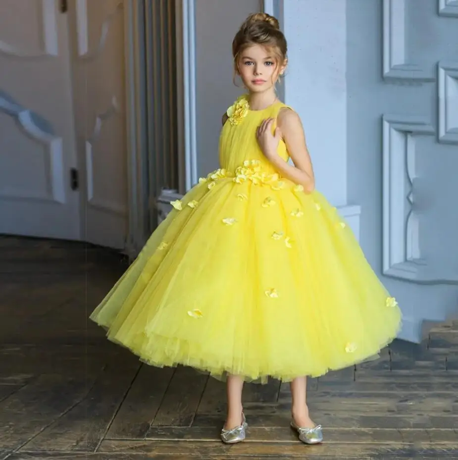 

Fashion Yellow Customized Flower Girl Dresses Sleeveless Soft Tulle Kid Wedding Party Gowns First Communion Dress