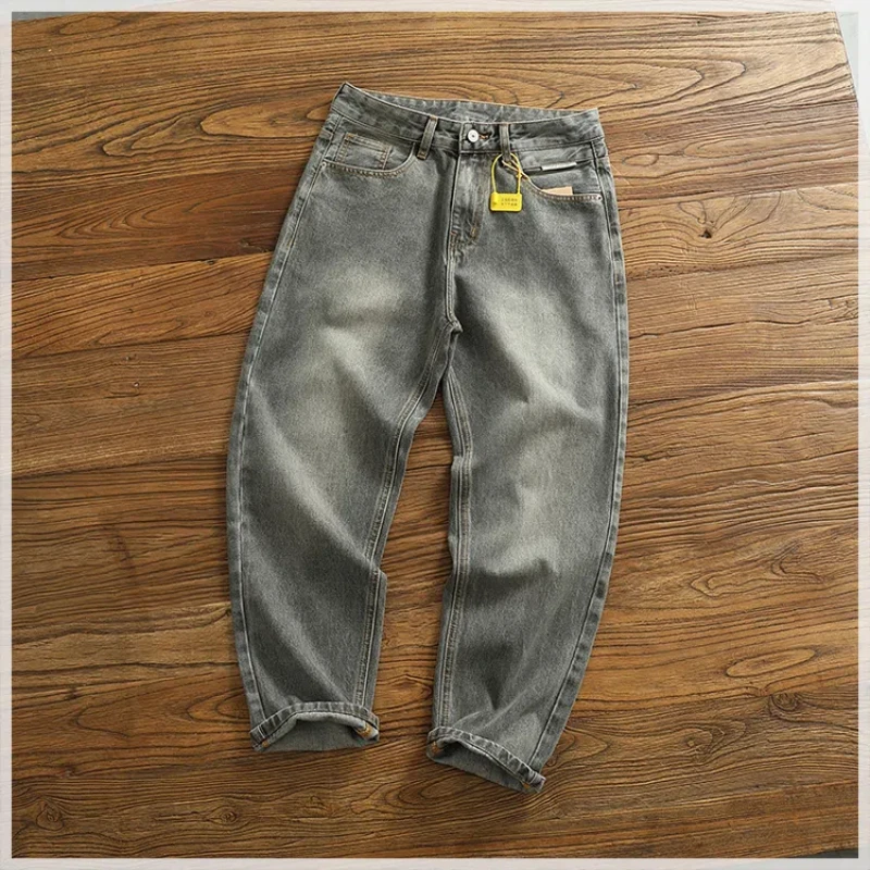 

Vintage advanced smoke gray jeans men's straight tube micro cone heavy autumn and winter new do old cargo denim pants