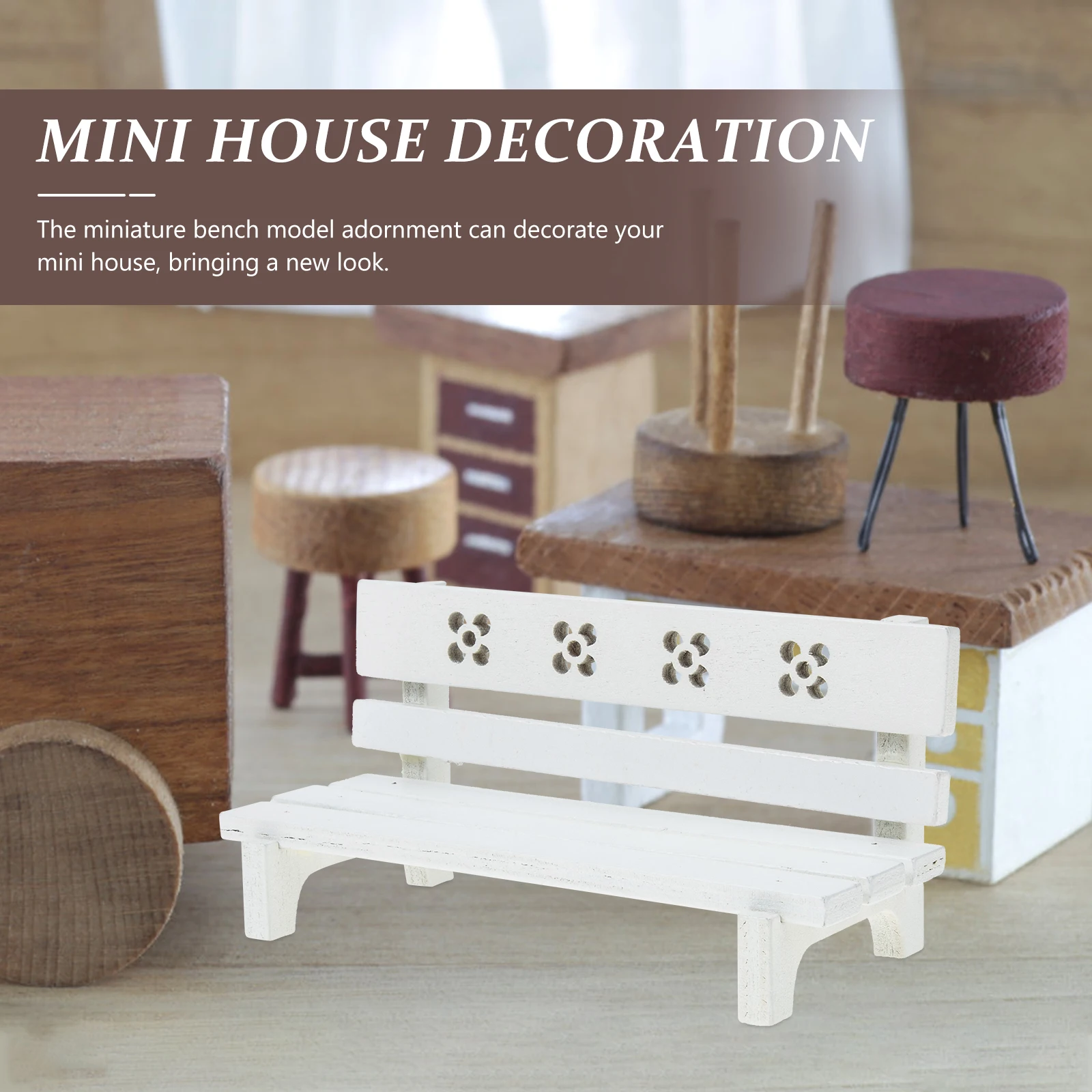 

Wooden Park Bench Ornaments Dollhouse Miniature Accessories Decorate Small Benches Furniture White