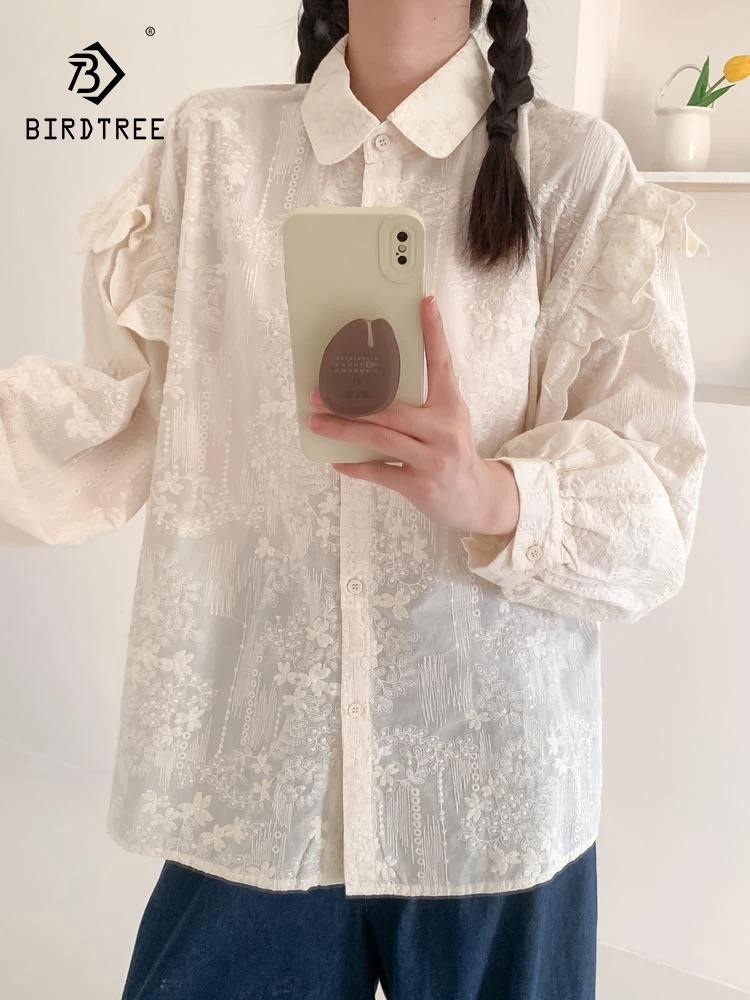 

New 2026 Summer Women Cotton Long Sleeve Shirt, Lapel Ruffles Embroidery, Mori Girl French Age Reduction Loose Blouse T66618CC