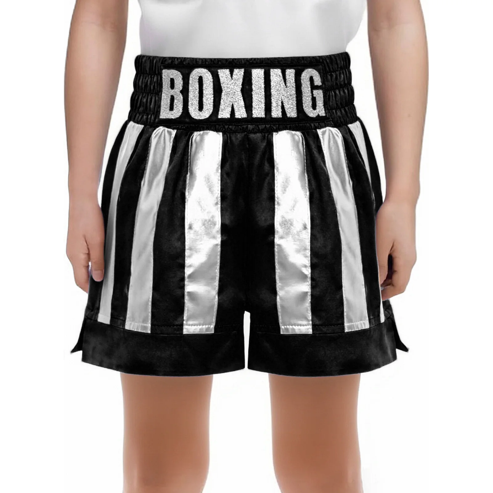 

New Muay Thai Shorts for Boys Kids Boxing Trunks Stretchy Sides Slit Metallic Satin Boxer Training Shorts for Halloween Party