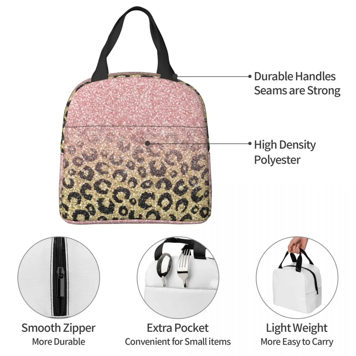 Rose Gold Glitter Black Leopard Lunch Bag Portable Insulated Oxford Cooler Bags Thermal Picnic Work Tote for Women Kids