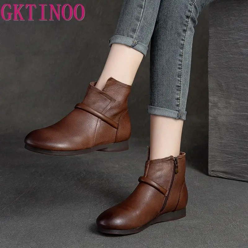 GKTINOO Winter Genuine Leather Ankle Boots 2024 Handmade Lady Soft Flat Shoes Comfortable Side Zip Short Boots