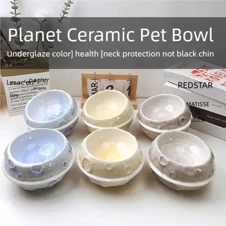 Cat and Dog Food  Water Bowl Planet Pet Bowl Slanting Neck Guard No Black Chin Not Easy to Knock Over Ceramic Cat Bowl