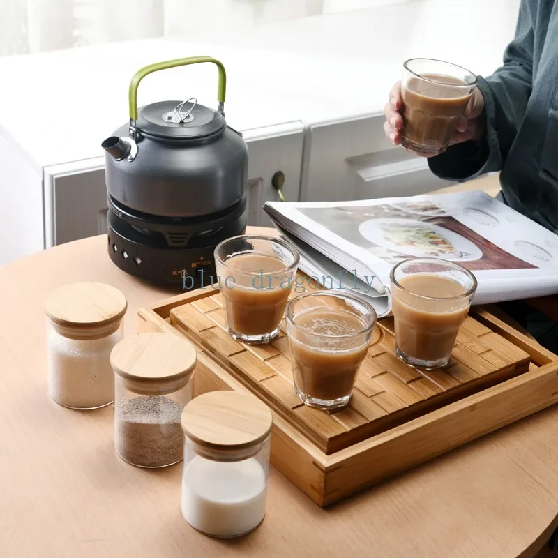 New design  home outdoor camping travel glass coffee cup jar and bamboo melamine tray set with stovePopular Saudi Arabia Style