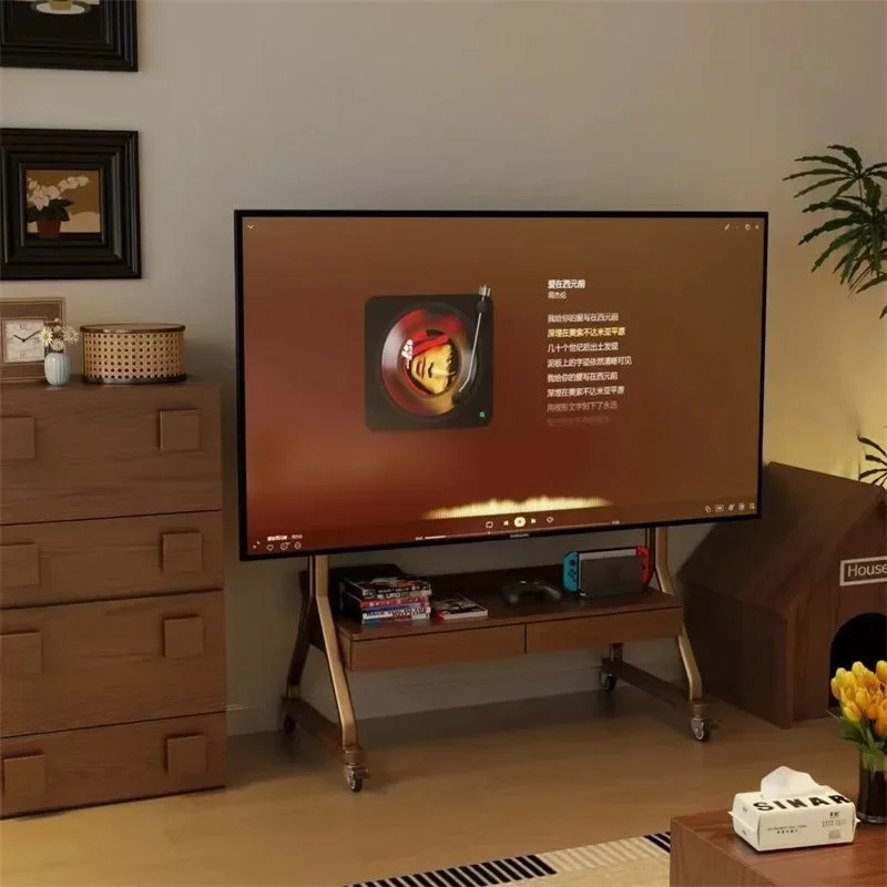 Retro solid wood removable TV cabinet with wheels walnut floor-to-ceiling TV stand