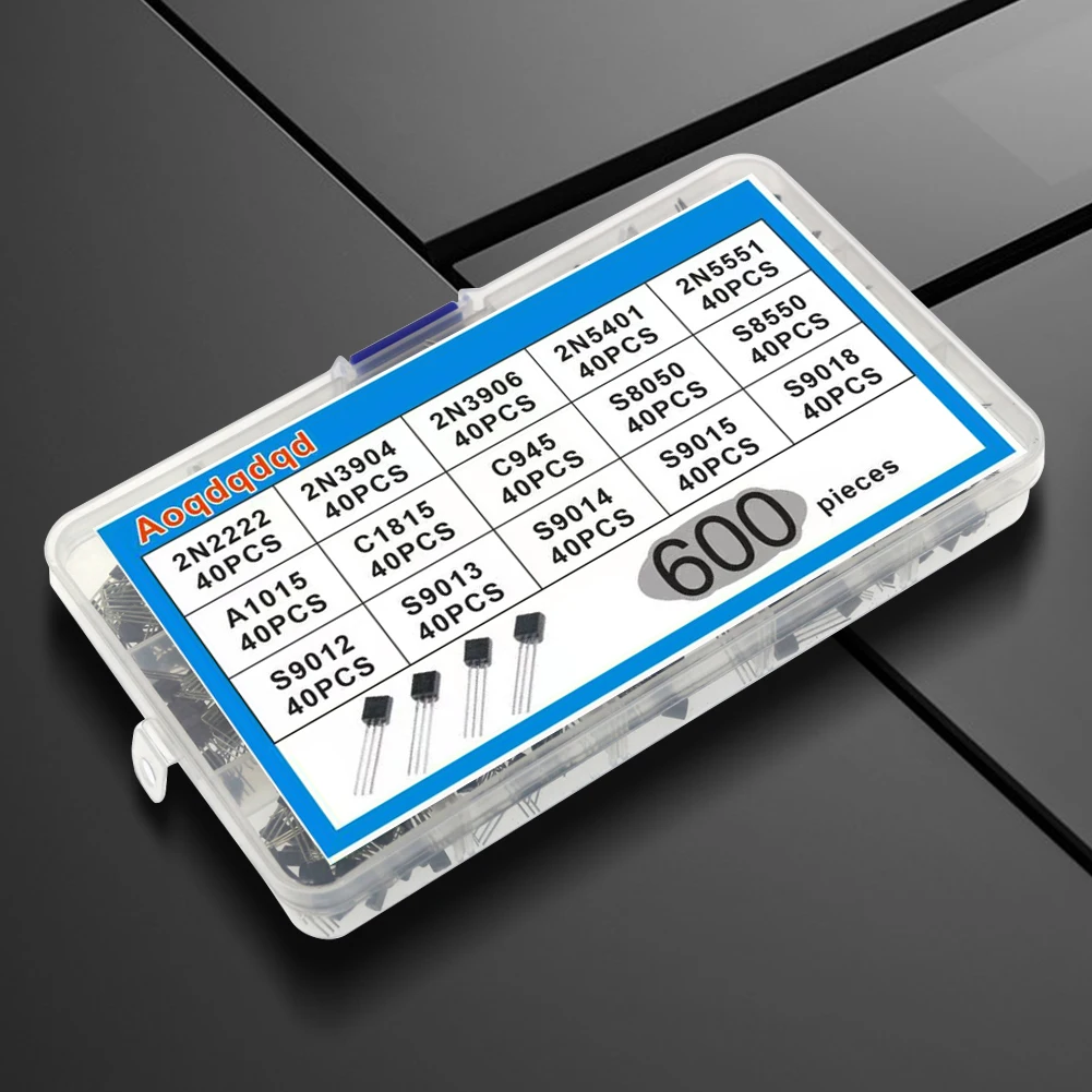 Transistor Kit Assortment Box 600Pcs Transistor Assorted Kit 50-1000mA A1015 C1815 S8050 2N2222 2N3904 2N5401 2N3906 2N5551