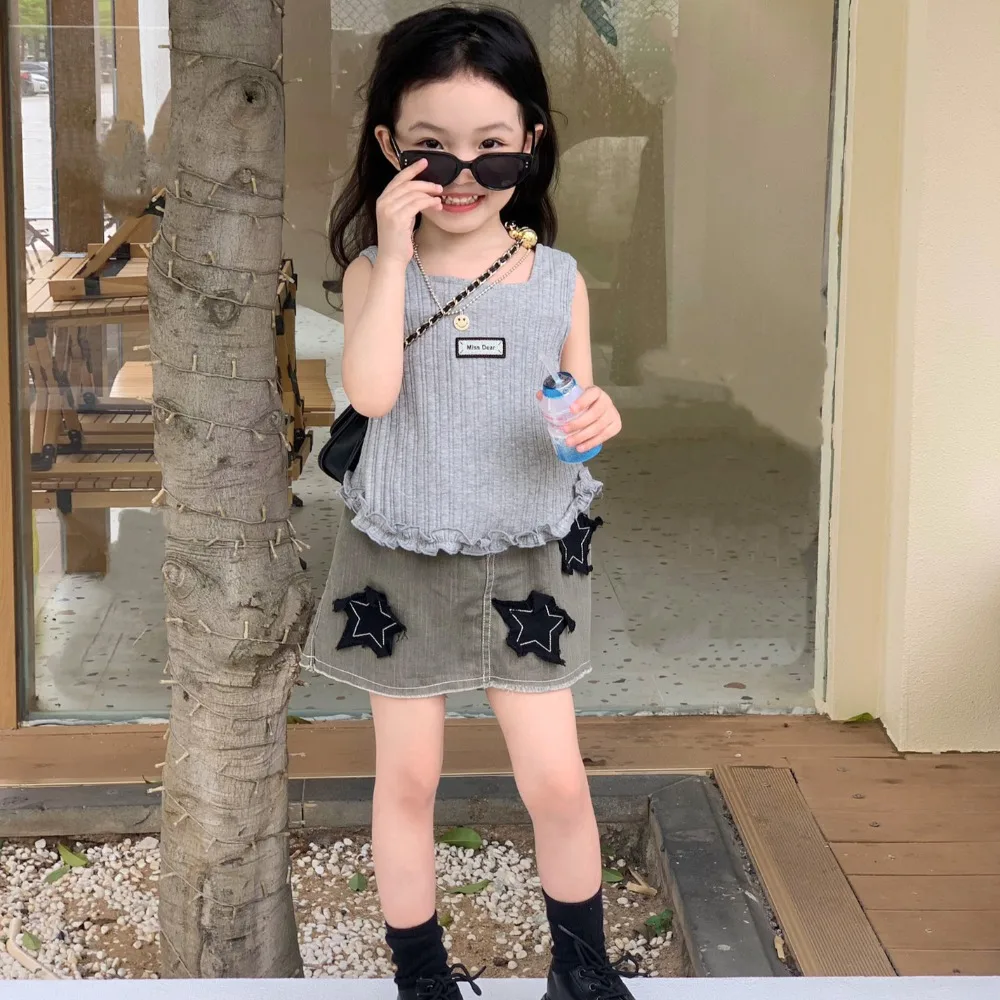 

Girls Set Korea Style 2024 Summer New Solid Color Sleeveless Tank Top Skirts Two Piece Spicy Girl Fashion Kids Summer Clothes