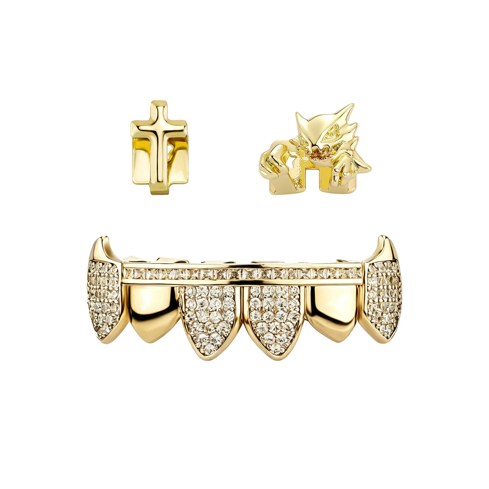 Vampire Fangs Teeth Grillz Copper Gold Silver Plated CZ Zircon Cross Monster Heart Hip Hop Party Mouth Jewelry Wholesale