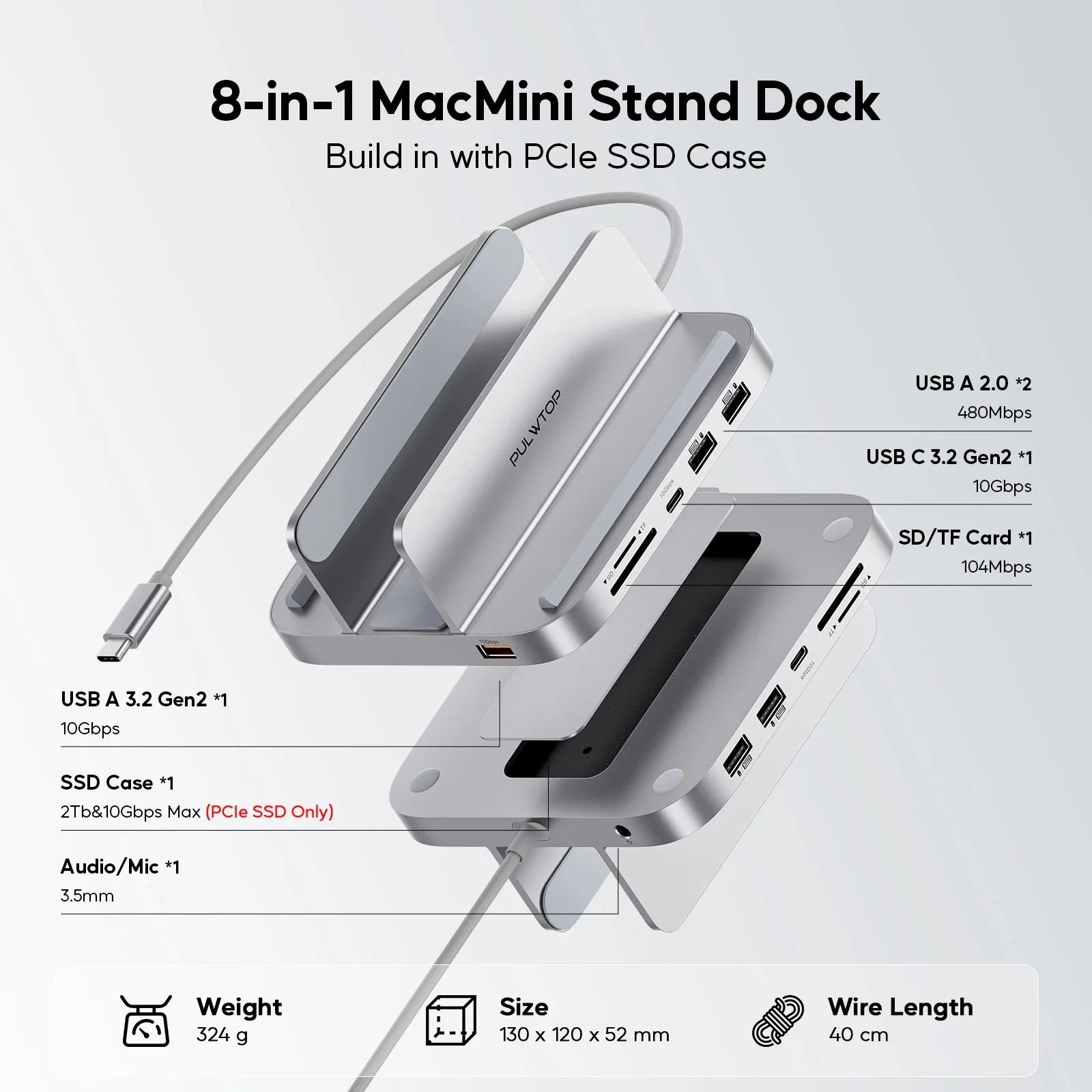 PULWTOP USB-C Stand Hub with SSD Enclosure for Mac Mini, 8-in-1 Vertical Mac Mini Dock,for 2018 Later Mac Mini M2/M1