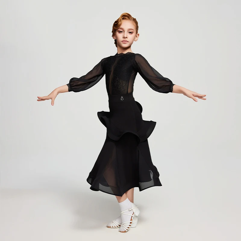 Costume de danse latine pour enfants, vêtements de spectacle de danse de salle de bal pour filles, hauts noirs, jupe en arête de poisson, robe de compétition, 2025 DNV23481